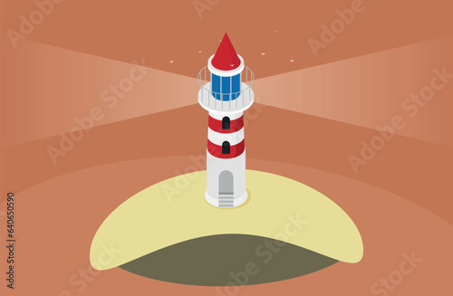 Flat isometric lighthouse icon on blue sea, illustration vector background