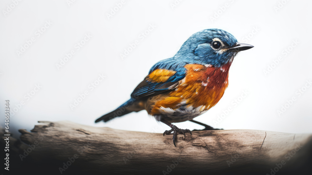fascinated blue and orange bird perching on thin wood isolated on white background.