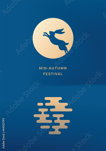 Mid-autumn festival poster with moon and rabbit on dark blue background. Vector illustration for banner, poster, flyer, invitation, discount, sale.