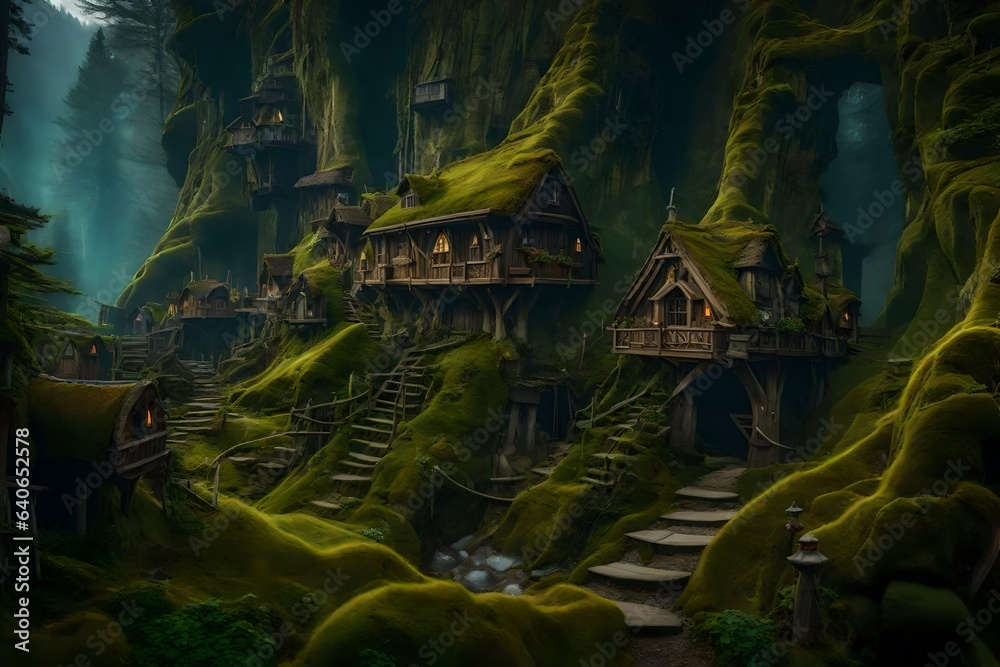 fantasy style, dwarf settlement, but there are no gnomes in the picture, tree houses, trails, moss - AI Generative