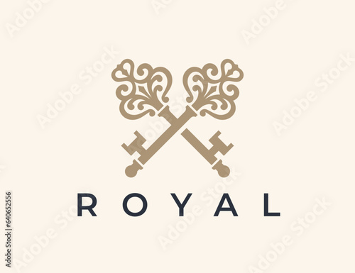Crossed vintage keys icon. Luxury real estate agency logo mark design. Royal property realtor emblem. Vector illustration.