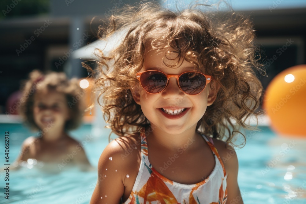 Portrait of happy child playing in pool. Smiling kid in water, playing with ball and splashing