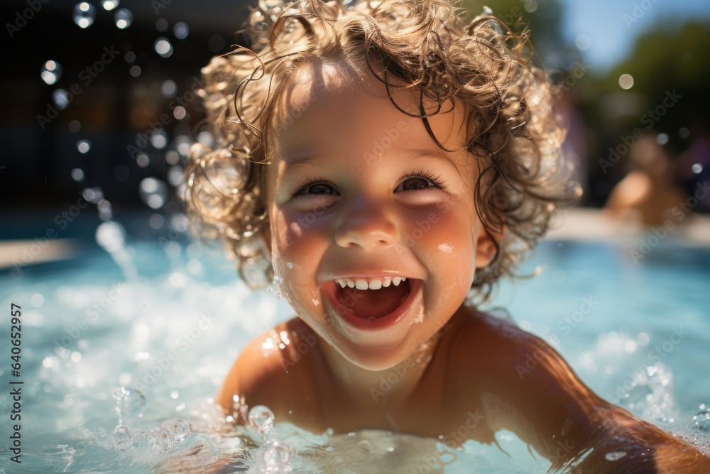 Portrait of happy child playing in pool. Smiling kid in water, playing with ball and splashing
