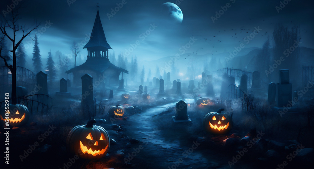 dark cemetery night pumpkin moon grave horror holiday halloween bat. Generative AI.