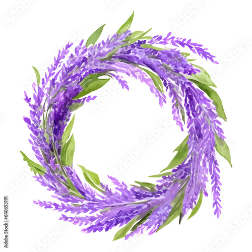 Watercolor circle frame, lavender delicate floral wreath on white background with copy space