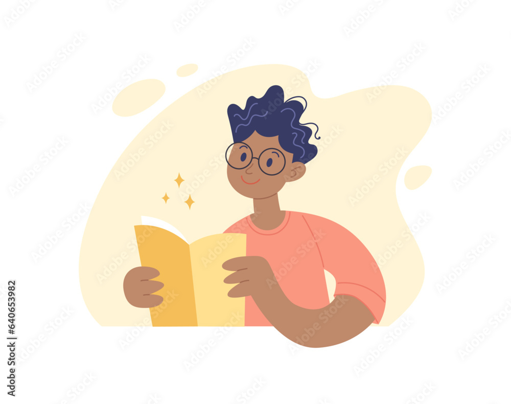Man reading concept. Young positive african american man sitting with a book, education or learning. Vector illustration in simple style Man reading concept. Young positive african american man sitting with a book, education or learning. Vector illustration in simple style