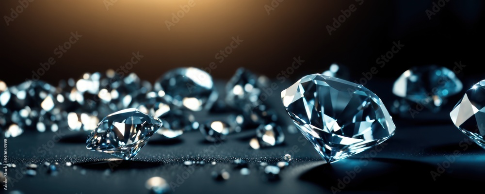 Brilliant diamonds on a dark background. 3d rendering.Close up macro a lot of faceted diamond falling - obrazy, fototapety, plakaty 