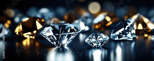 Brilliant diamonds on a dark background. 3d rendering.Close up macro a lot of faceted diamond falling