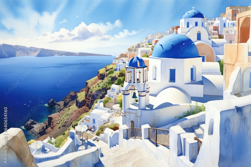 Fototapeta premium Watercolor Drawing of Greek Islands. Santorini Illustration.