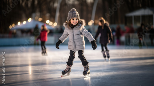 Generative AI, little girl skates on a rink in the park in winter, skater, ice, sport, training, child, toddler, childhood, skates, competition