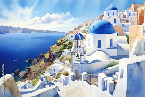 Watercolor Drawing of Greek Islands. Santorini Illustration.