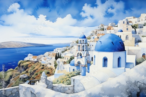 Watercolor Drawing of Greek Islands. Santorini Illustration.