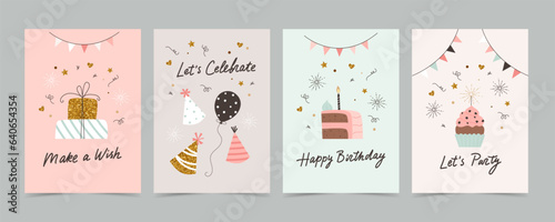 Happy birthday card set with cake, balloons and calligraphy. Cute and elegant vector illustration templates in simple style
