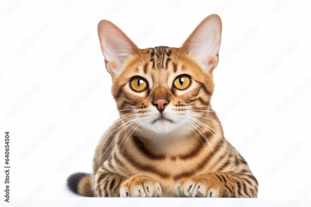 Portrait of Ocicat cat lying down on white background