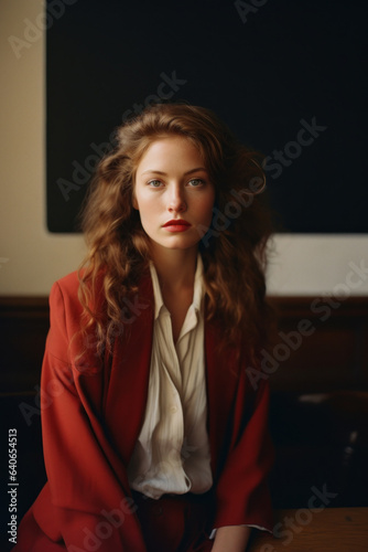 portrait of a woman/student in preppy clothes in college/university/ivy league/high school setting with editorial magazine film look back to school academic brown hair caucasian
