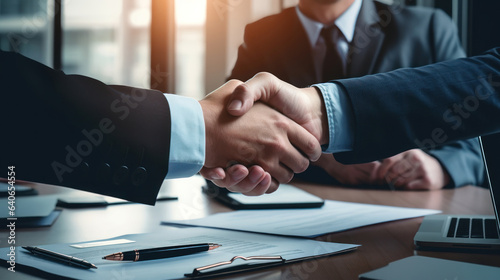 Businessman and partner are shaking hands in office, Deal, Collaborative teamwork, job interview in meeting room office, negotiation. Generative Ai
