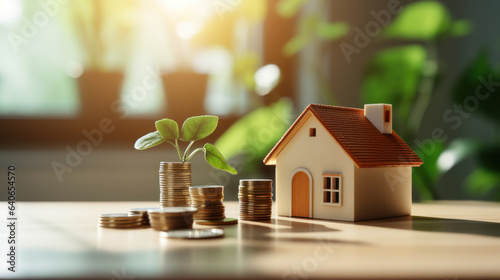 Mini house model with growing coins on the table, sell house, real estate agent, insurance, money saving or investing for home lone or real estate. Generative AI