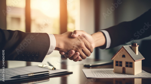 Real estate agent shakes hands with customer , insurance, home loan contract, buying house, finished contract about home insurance and investment loan. Generative AI