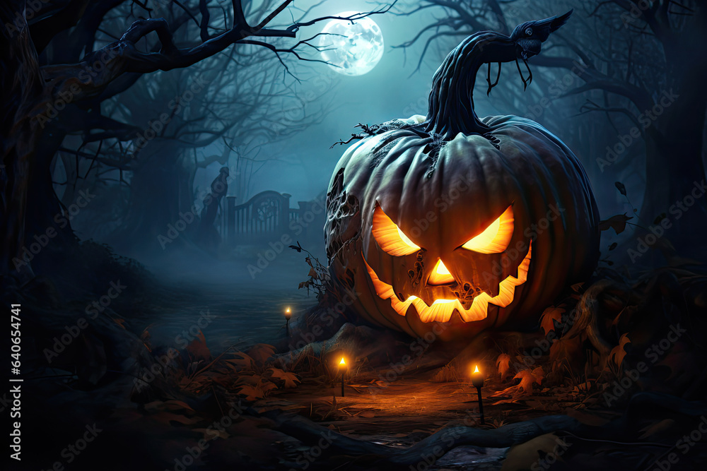 A Sinister Jack-O-Lantern, Halloween Pumpkin, in a Dark Graveyard, Full Moon in Background – Generative AI