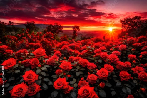 RED ROSES FEILD WITH SUNSET - AI Generative