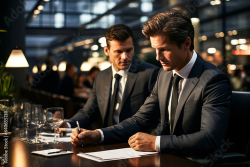 two businessmen discussing a business contract in a restaurant