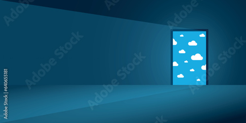lovely cloudy blue sky visible through fully open door. new opportunities concept vector. stepping into a beautiful bright future