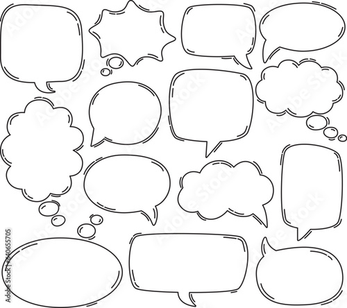 Set of hand drawn empty speech bubble set. Black and white vector outline elements for text