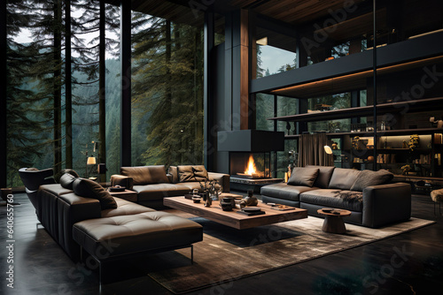 Luxury modern apartment in modern house in the forest, Generative AI