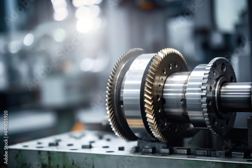 Captivating macro view of a speed reducer shaft amidst a bustling manufacturing plant, with a mesmerizing backdrop of blurred industrial machinery.