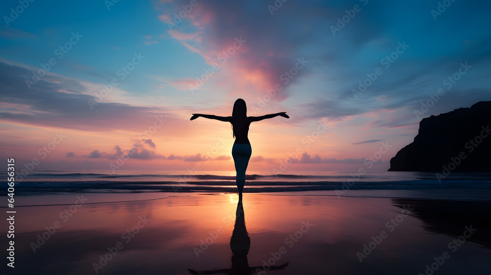 Silhouette of a woman doing yoga.