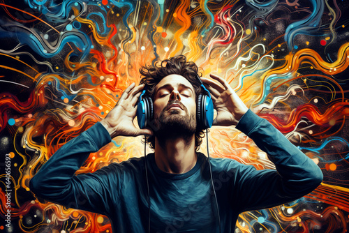 Auditory Hallucinations. A Man with a headphone listening to sound, music and inputs to the brain. Colorful cloud of stimuli reaching the brain. photo