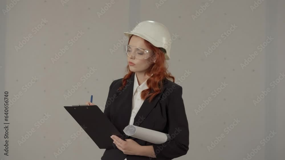 A woman in a hard hat and with blueprints under her arm in the studio on a gray background. A woman architect in protective glasses makes notes on a clipboard with a pen. A woman in a hard hat and with blueprints under her arm in the studio on a gray background. A woman architect in protective glasses makes notes on a clipboard with a pen.