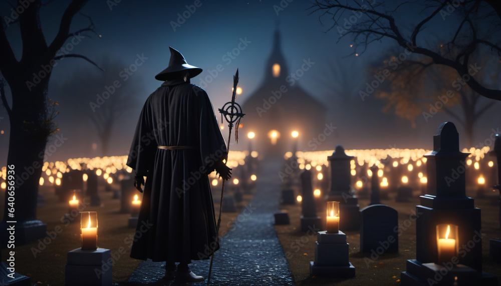 Grim Reaper Wearing Black Robes Holding a Spear Stands in a Tomb