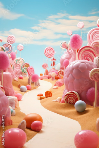 Colorful pastel candy landscape. pink castle or palace in the land of sweets. road among sweets and lollipops