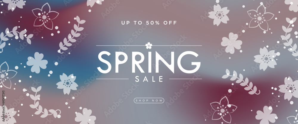Chic and trendy spring sale design horizontal banner. White spring elements on gradient background. Up to 50% off tag and shop now CTA button. Vector Illustration.
