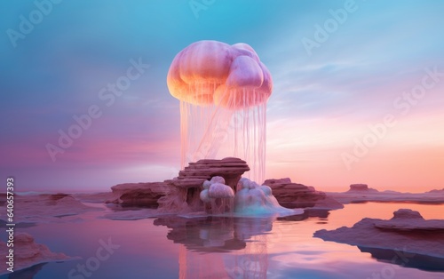 Gigantic jellyfish hovering over the rocky lake at dusk. Surreal organic background. Ai generated image