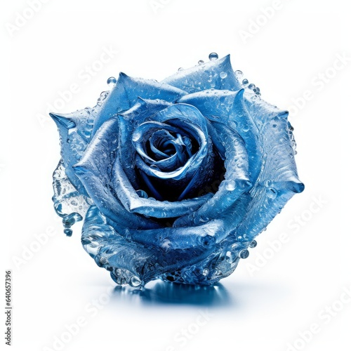 A frozen blue rose covered in hoarfrost. Isolated on white background. Generative AI.