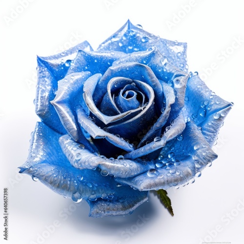 A frozen blue rose covered in hoarfrost. Isolated on white background. Generative AI.