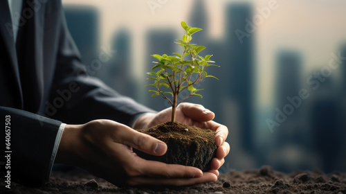 Environmental protection concept, businessman hand hold sapling, analyze investment sustainability, sustainable development, climate change, green energy recycle, Net zero. Generative AI photo