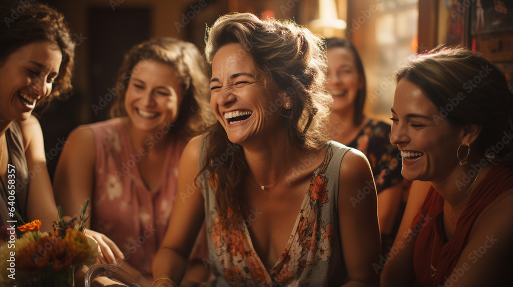 Senior women in a living room laughing.