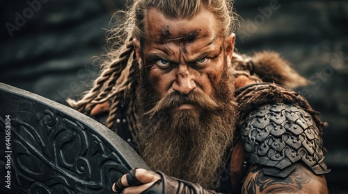 This historical photo shows a crazy Viking with a tattoo on his skin, a red beard, and braided hair. He's attacking his enemies with an axe and shield.