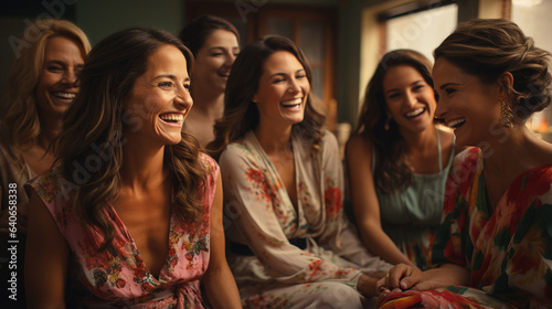 Senior women in a living room laughing.