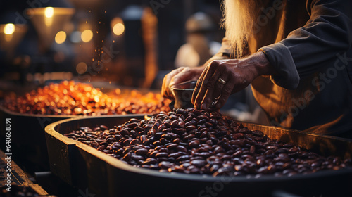 Worker with a roasted coffee beans.