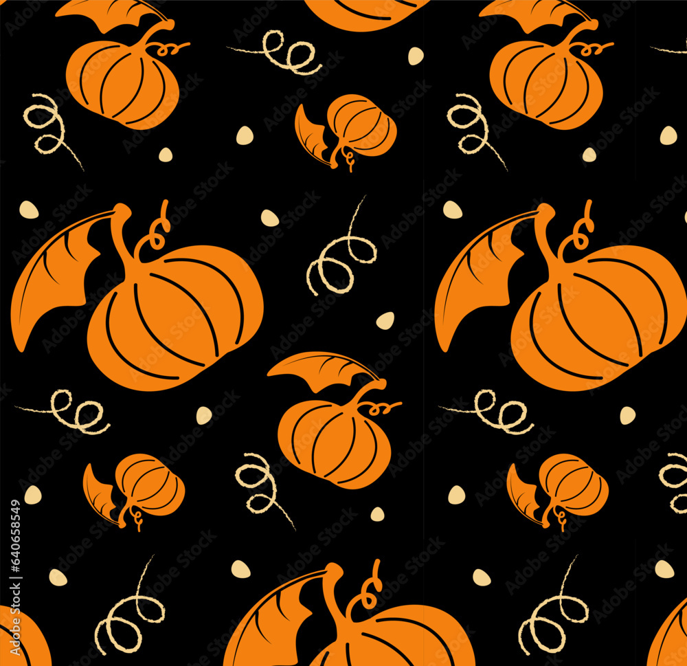 Seamless pattern pumpkin orange color autumn harvest halloween black background Vector EPS10