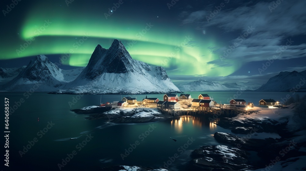 The Aurora Borealis is visible over the Norwegian town of Hamnoy.