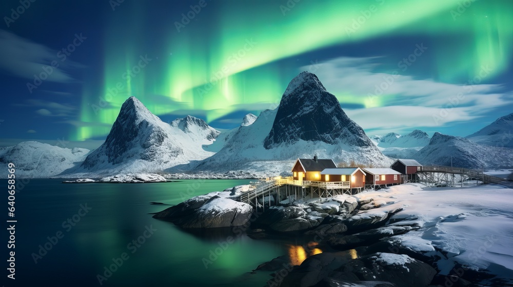 The Aurora Borealis is visible over the Norwegian town of Hamnoy.