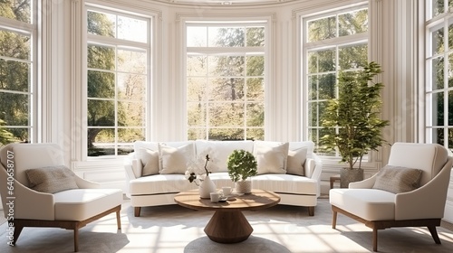 Interior of a beige home's living room featuring a couch and chairs and a large window