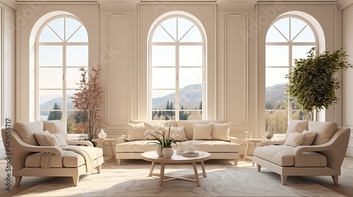 Interior of a beige home s living room featuring a couch and chairs and a large window