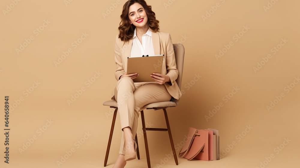 A friendly, attractive representative girl is shown in full size in an isolated pose while holding a pen and a clipboard. The background is beige.