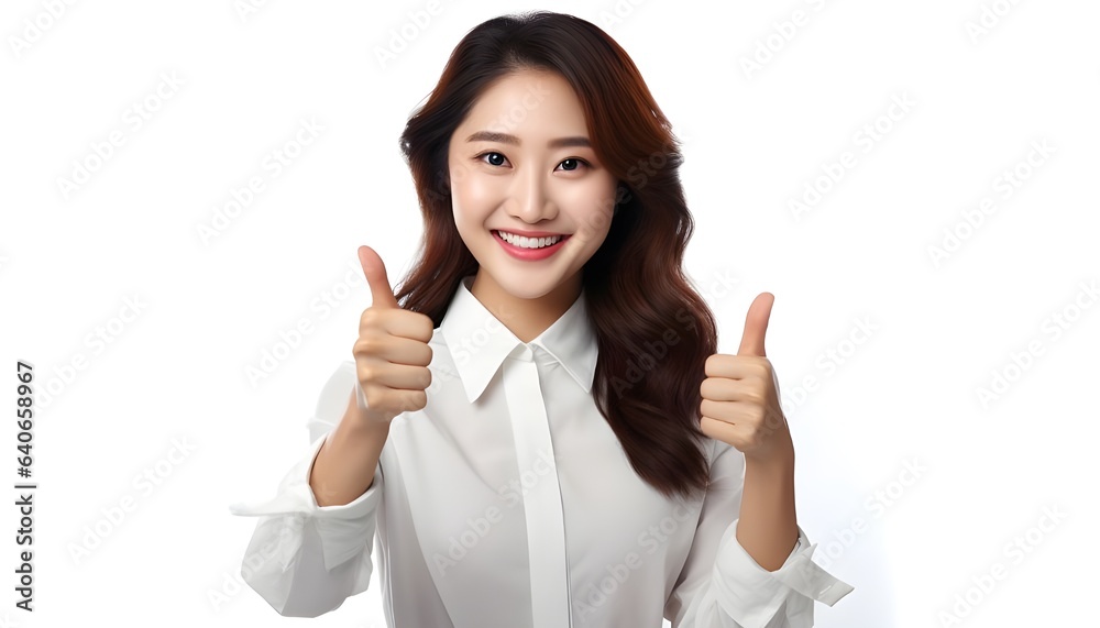 Beautiful young Asian woman, thumbs up, cheerful, on a white background Beautiful young Asian woman, thumbs up, cheerful, on a white background